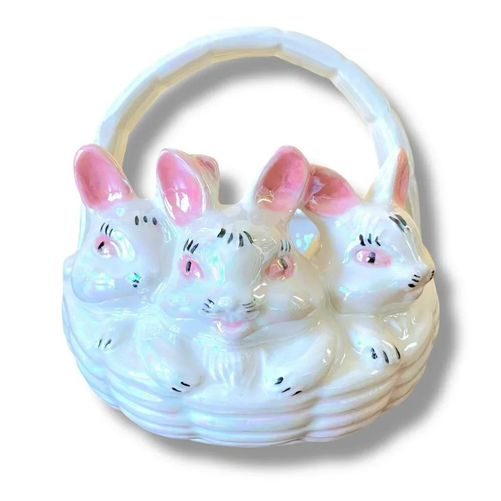 Vintage Atlantic Mold Ceramic Easter Basket Iridescent Bunny Rabbits Candy Dish